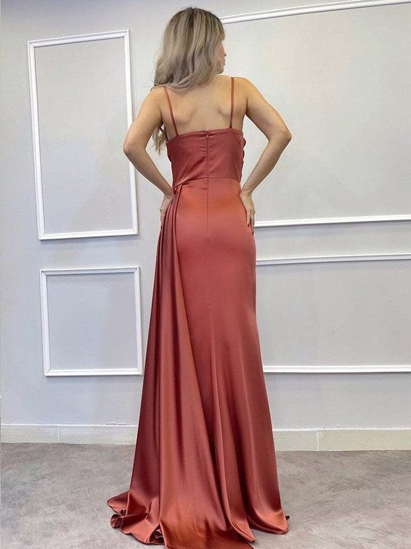 Sheath/Column Charmeuse Ruched V-neck Sleeveless Sweep/Brush Train Dresses