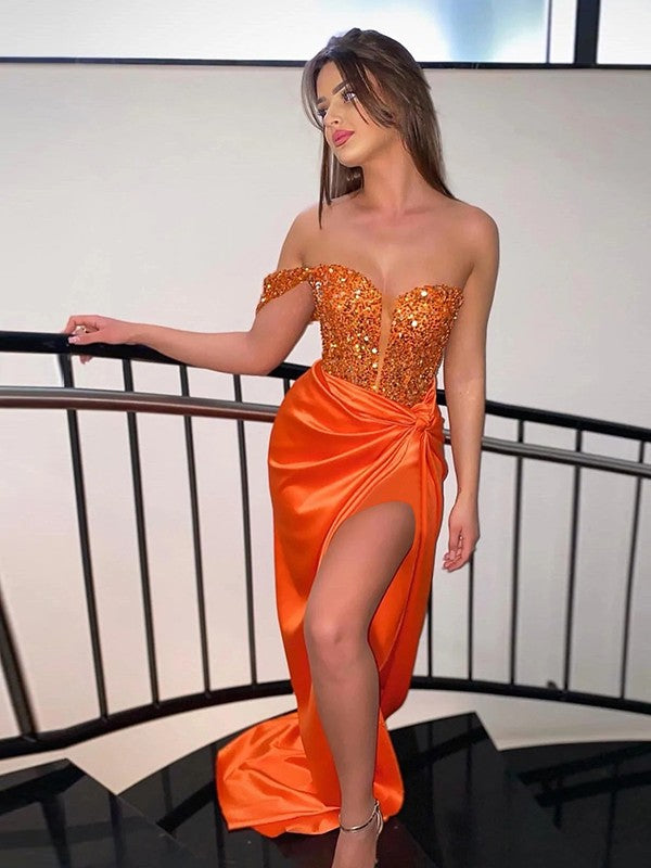 Sheath/Column Sequins Ruched One-Shoulder Sleeveless Sweep/Brush Train Dresses