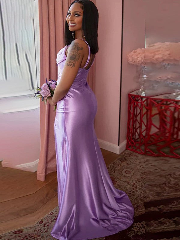 Sheath/Column Woven Satin Ruched Spaghetti Straps Sleeveless Sweep/Brush Train Dresses
