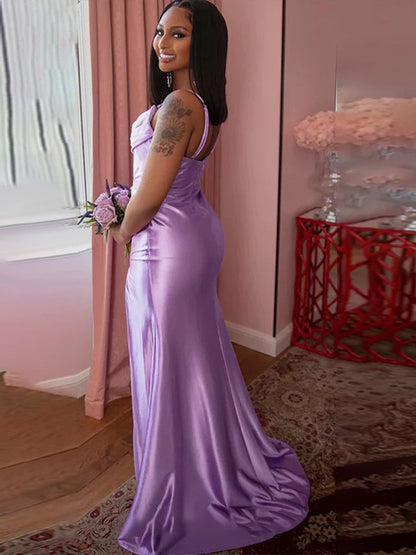 Sheath/Column Woven Satin Ruched Spaghetti Straps Sleeveless Sweep/Brush Train Dresses