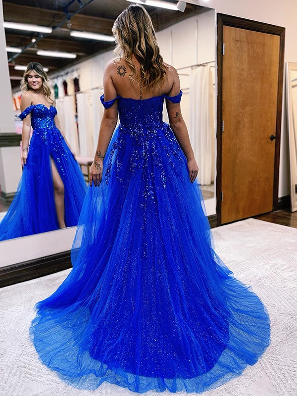 Vestidos de corte A/princesa con apliques de tul, hombros descubiertos, sin mangas y cola larga