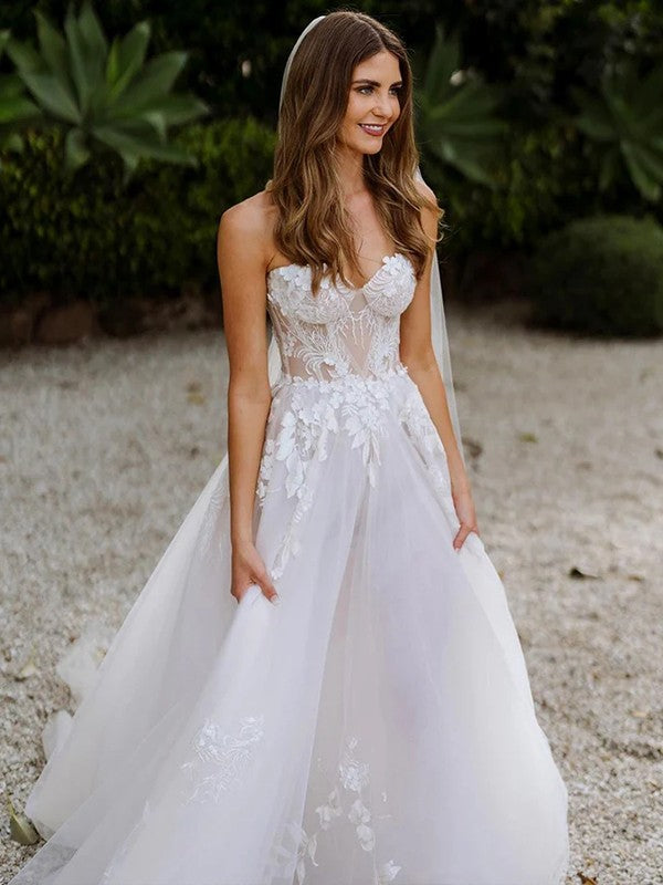 A-Linie/Princess-Linie Tüll Applikationen Herzausschnitt Ärmellos Sweep/Pinsel zug Brautkleider