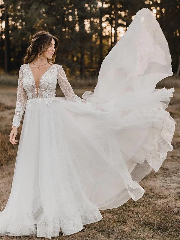 A-Linie/Princess-Linie Tüll Applikationen U-Ausschnitt Lange Ärmel Kathedrale Schleppe Brautkleider