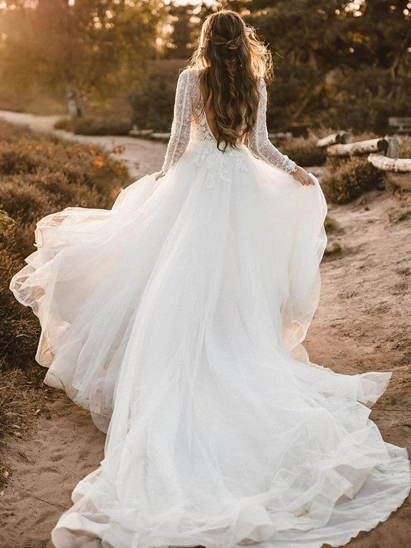 A-Linie/Princess-Linie Tüll Applikationen U-Ausschnitt Lange Ärmel Kathedrale Schleppe Brautkleider