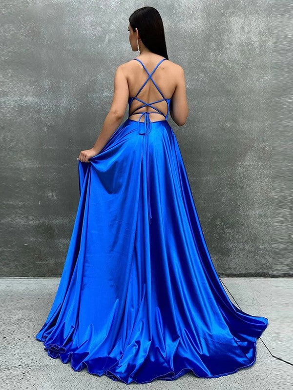 A-Line/Princess Elastic Woven Satin Ruched Spaghetti Straps Sleeveless Sweep/Brush Train Dresses