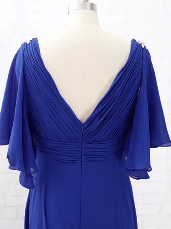 A-Line/Princess Chiffon Beading V-neck Short Sleeves Sweep/Brush Train Mother of the Bride Dresses