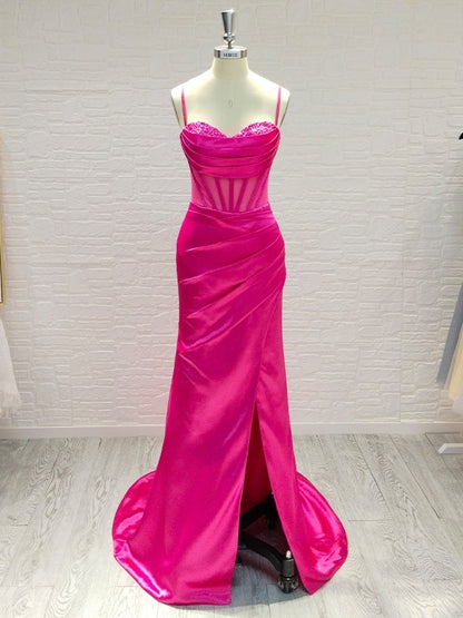 Sheath/Column Woven Satin Ruched Spaghetti Straps Sleeveless Sweep/Brush Train Dresses