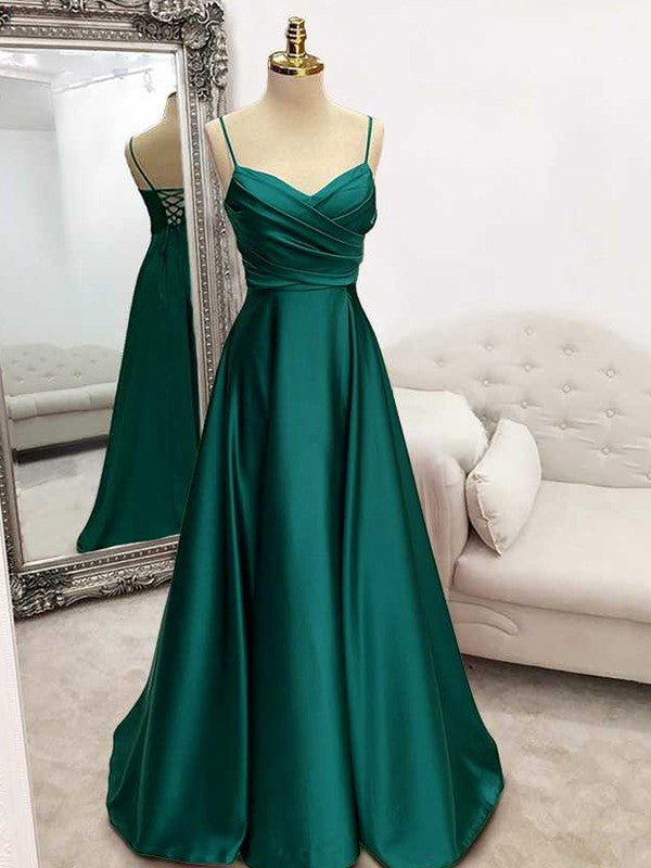 A-Line/Princess Woven Satin Ruffles V-neck Sleeveless Sweep/Brush Train Dresses