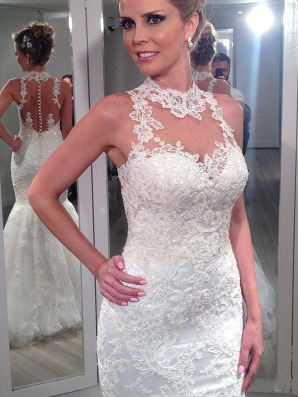 Vestidos de novia de tul con escote alto, sin mangas, corte trompeta/sirena y encaje hasta el suelo