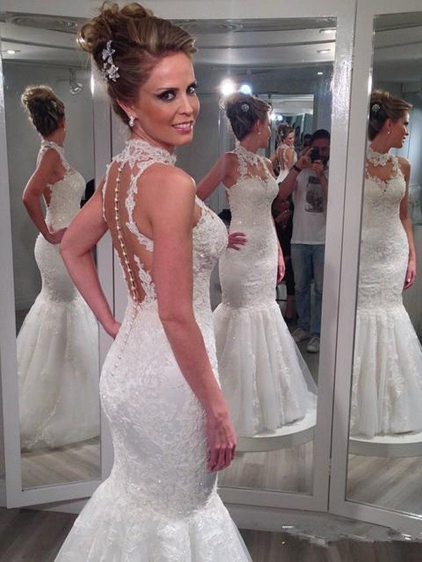 Vestidos de novia de tul con escote alto, sin mangas, corte trompeta/sirena y encaje hasta el suelo