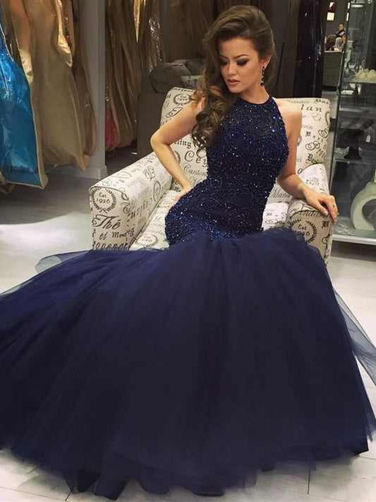 Vestidos de corte trompeta/sirena sin mangas hasta el suelo con joya de tul y cuentas