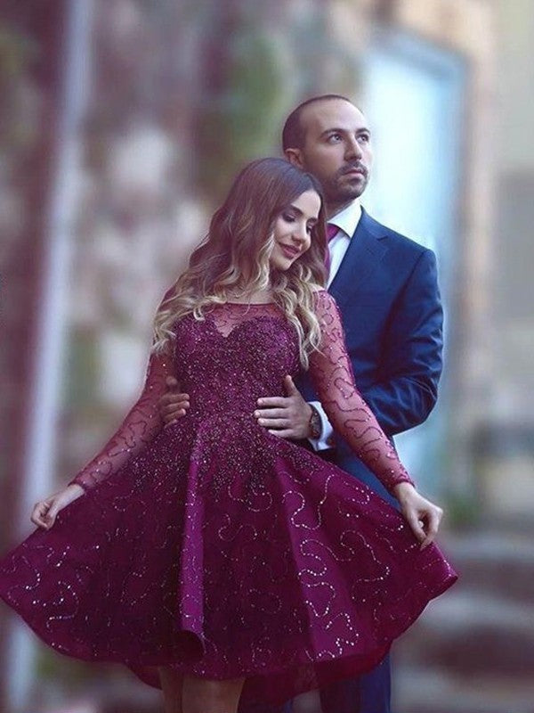 A-Line/Princess Long Sleeves Scoop Paillette Lace Short/Mini Dresses