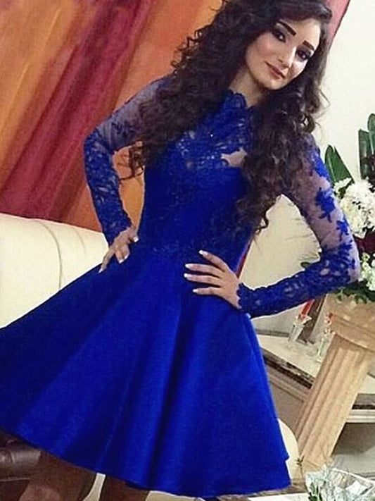 Vestidos cortos/mini de satén con encaje y mangas largas de corte A/princesa