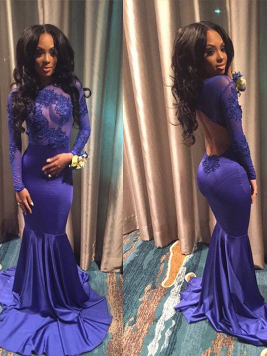 Vestidos de corte trompeta/sirena con mangas largas, escote redondo y licra, con cola larga