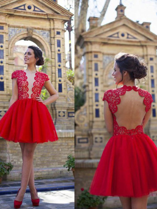 Vestidos cortos/mini de tul con corte princesa, mangas cortas y escote redondo con encaje