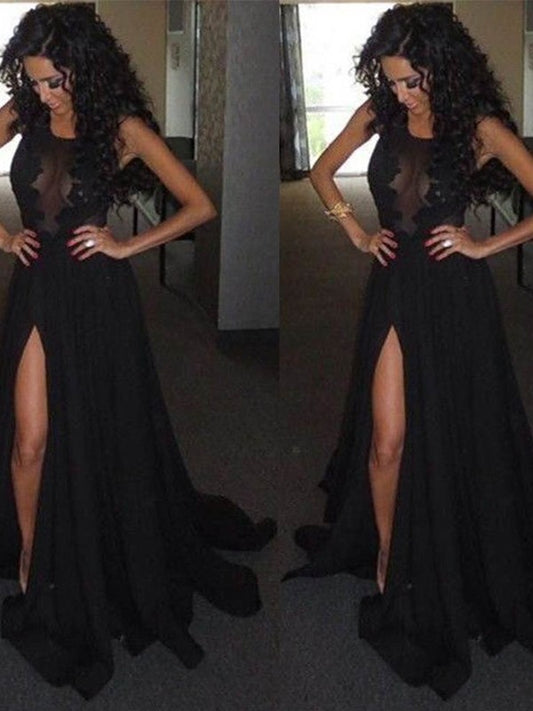 Vestidos de gasa con corte A/princesa, sin mangas y escote redondo, con cola larga
