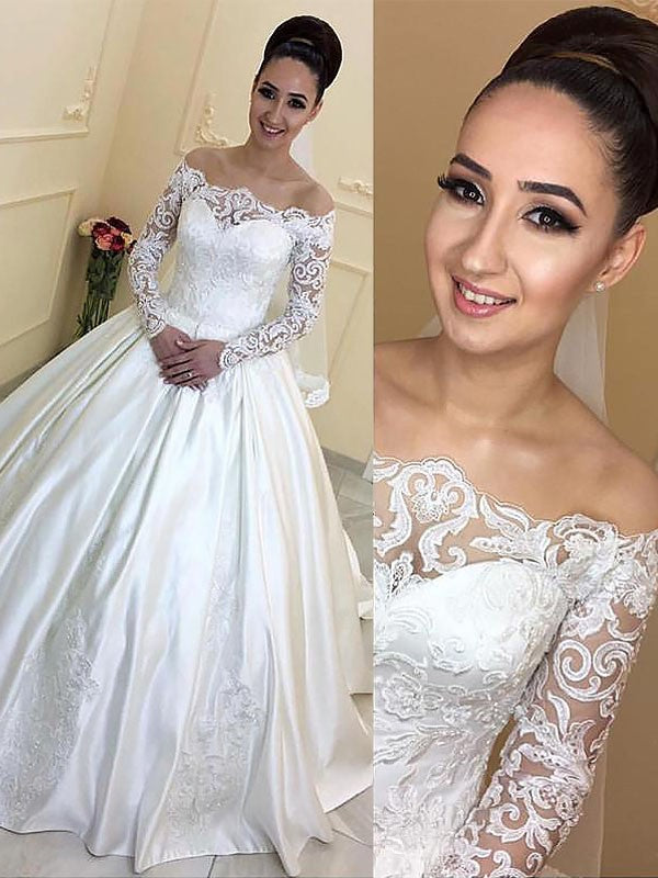 Vestidos de novia de satén con mangas largas y hombros descubiertos y cola de corte