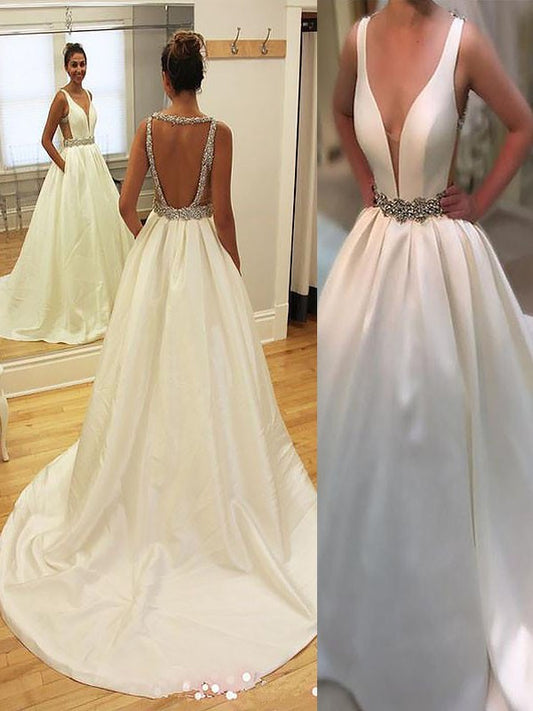 A-Linie/Princess-Linie Hof-schleppe Satin V-Ausschnitt Ärmellos Brautkleider