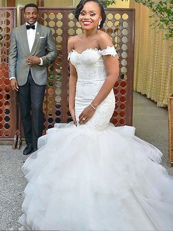 Vestidos de novia de organza sin mangas, corte trompeta/sirena, hombros descubiertos y cola larga