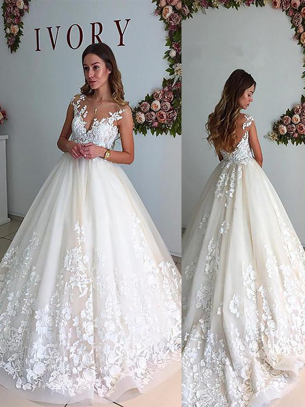 Vestidos de novia de corte A/princesa, escote en V, cola de corte, tul, sin mangas