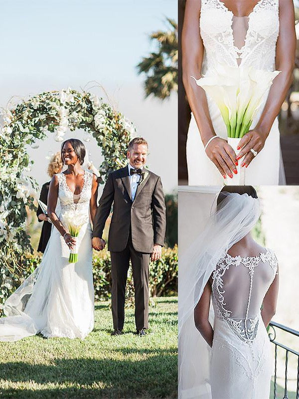 Vestidos de novia de tul, sin mangas, con escote en V y cola larga