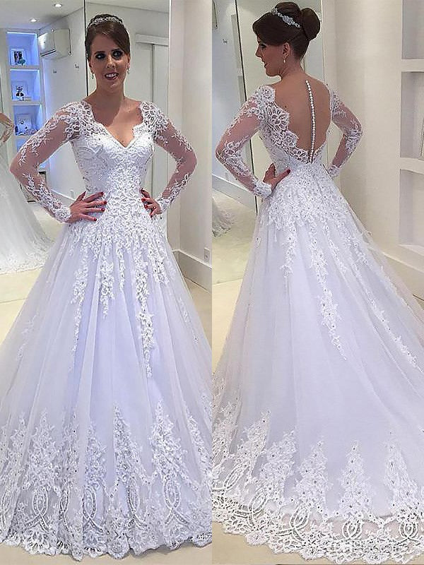 Vestidos de novia de corte A/princesa, con apliques, escote en V, cola de corte, tul y mangas largas