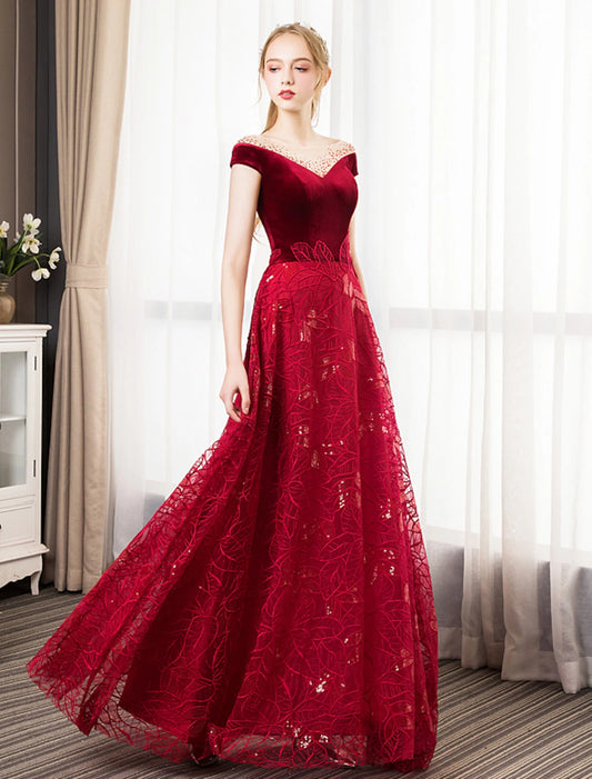A-Line Prom Dresses Glittering Dress Engagement Prom Floor Length Short Sleeve Jewel Neck Tulle with Pleats Crystals Pattern / Print