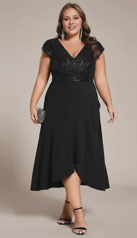 Gorgeous Plus size Short Sleeve V-Neck Midi Sequin Formal Dress Evening dress