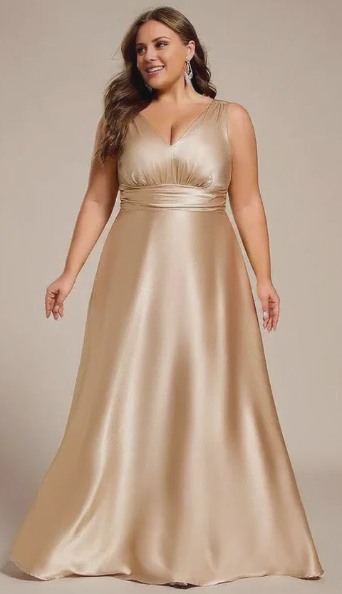 Gorgeous Plus Size A-Line V-neck Empire Waist Satin Maxi with Pockets Evening Dress