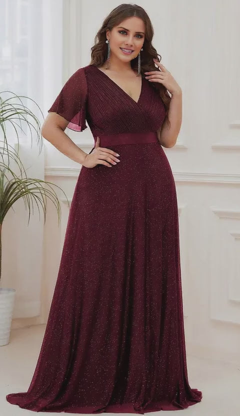 Gorgeous Plus Size V-Neck Flutter Sleeve Glitter Maxi Dress Evening Dress