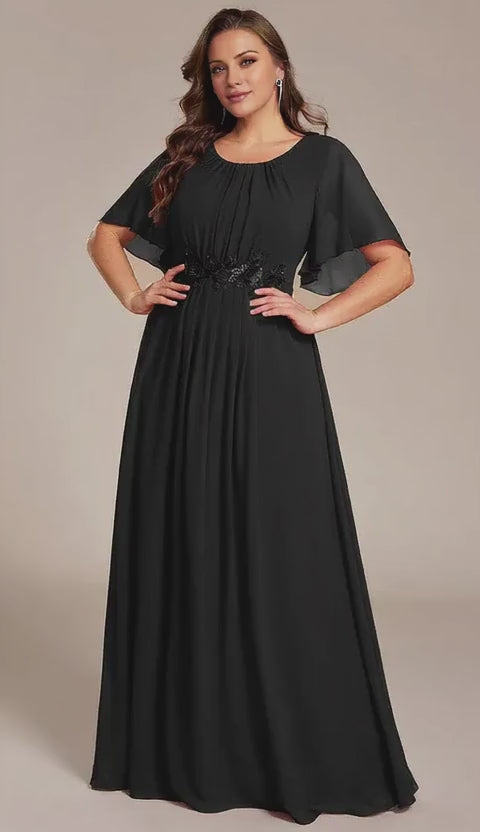 Gorgeous Plus size Short Sleeve Pleated Applique A-Line Floor-Length Formal Evening Dress
