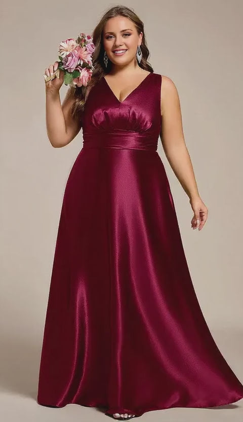 Gorgeous Plus Size Satin Empire Waist Maxi with Pockets Evening Dress