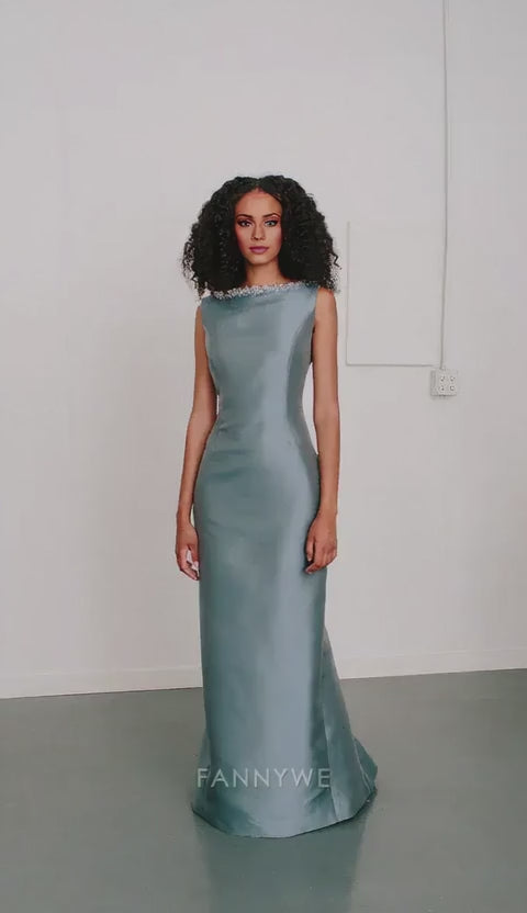 Gorgeous Sheath/Column Beaded Neck Satin Mermaid Floor-Length Maxi Dress Evening Dress