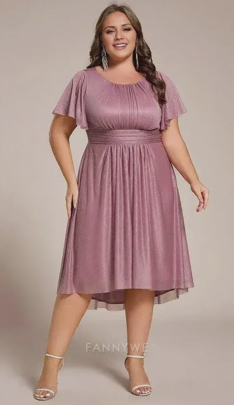 Gorgeous Plus size Glitter Short Sleeves Round Neck Midi Formal Dress Evening dress