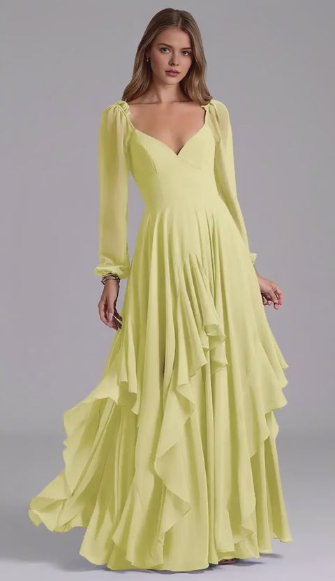 Elegant V-Neck Ruffled Tiered Mesh Sleeve A-Line Maxi Dress Mother of the Bride Dress