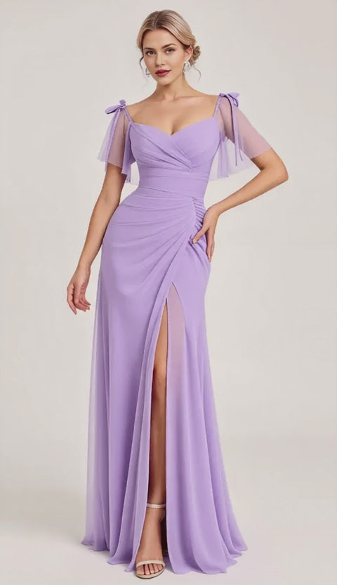Elegant Tie-Shoulder Ruched High Slit Chiffon Maxi Dress Mother of the Bride Dress