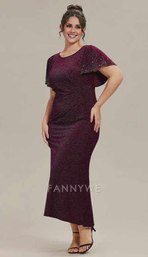Gorgeous Plus Size Round Neck Flutter Sleeve Sequin Midi Dress Evening Dress