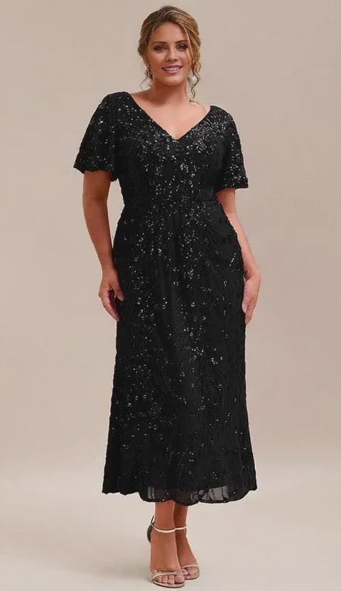 Gorgeous Plus Size V-Neck Flutter Sleeve Sequin Midi Dress Evening Dress