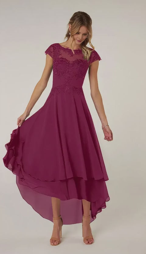 Elegant Plus Size Cap Sleeve Lace Embellished High-Low Chiffon Dress Mother of the Bride Dress