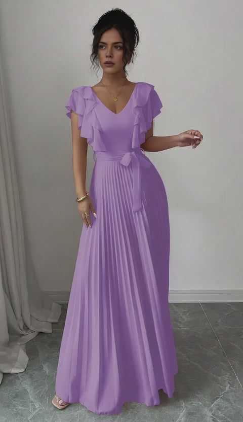 Elegant V-Neck Ruffled Sleeve Pleated A-Line Maxi Dress Mother of the Bride Dress