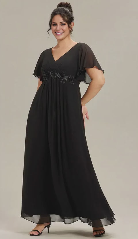 Gorgeous Plus Size V-Neck Flutter Sleeve Embroidered Chiffon Maxi Dress Evening Dress