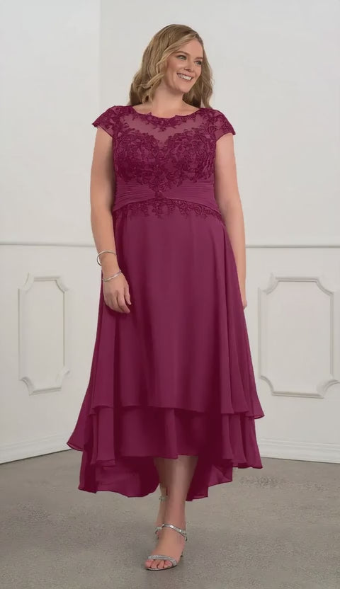 Elegant Plus Size Cap Sleeve Lace Embellished High-Low Chiffon Dress Mother of the Bride Dress