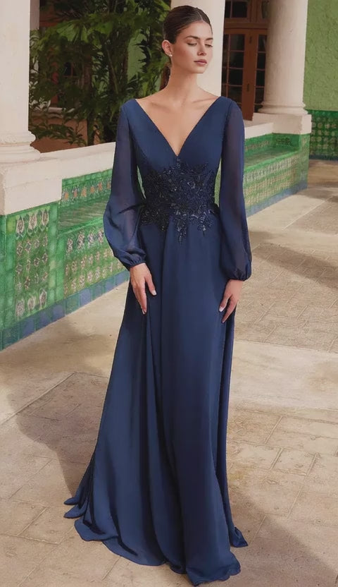 Elegant V-Neck Embellished Waist Mesh Sleeve A-Line Maxi Dress Mother of the Bride Dress