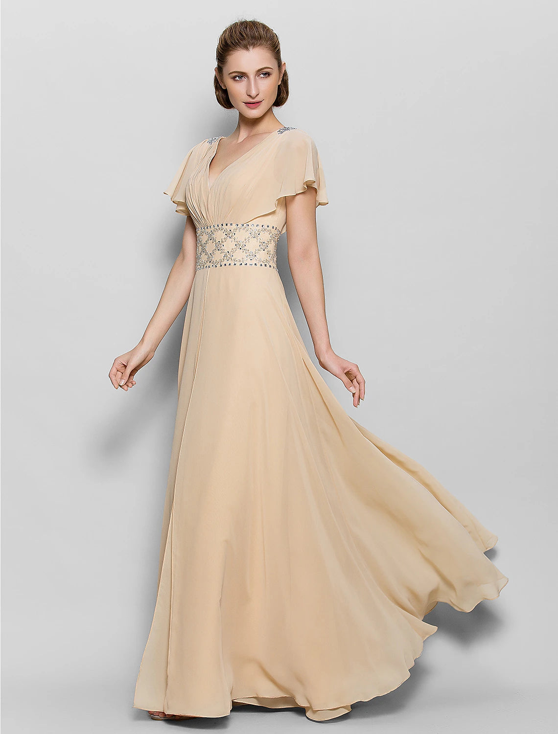 A-Line Mother of the Bride Dress Beautiful Back V Neck Floor Length Chiffon Short Sleeve No with Criss Cross Beading