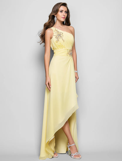 Vestido elegante de corte tubo/columna para invitada de boda, cóctel, asimétrico, sin mangas, un hombro, dama de honor, de gasa con apliques de abertura y cuentas.