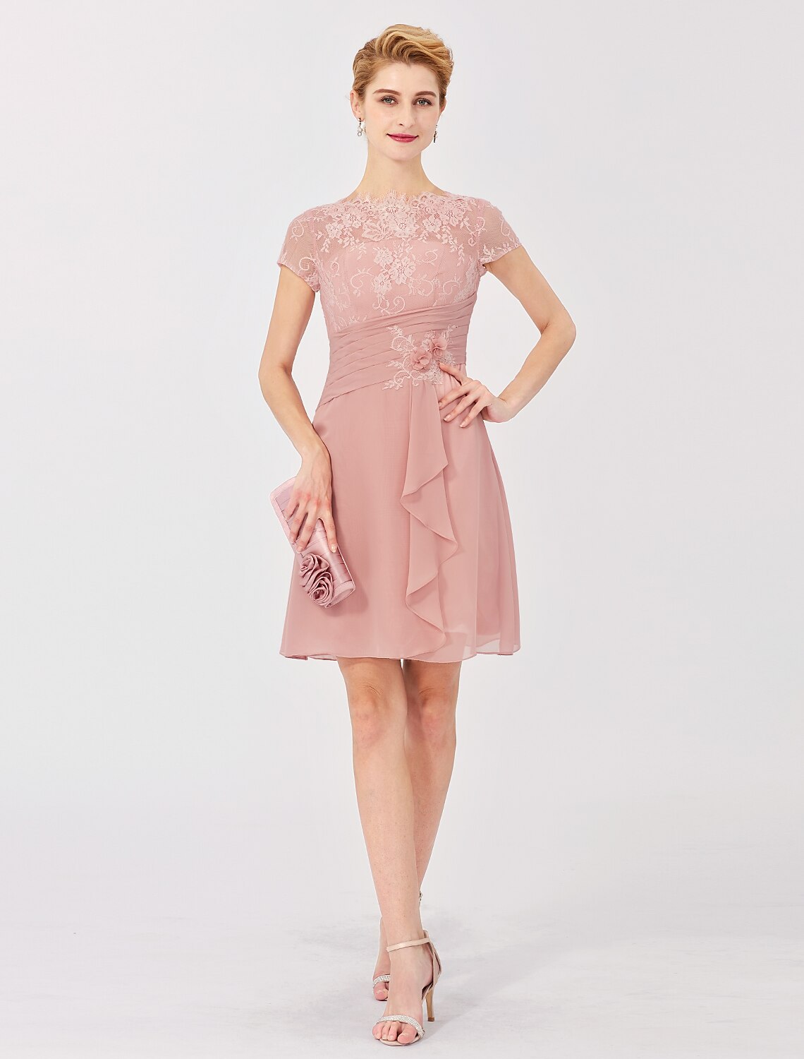 A-Line Illusion Neck Short / Mini Chiffon / Sheer Lace Mother of the Bride Dress with Side Draping / Flower
