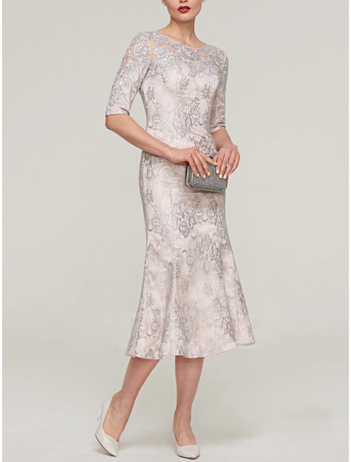 Vestido de sirena/trompeta para madre de la novia, elegante, estilo invitada de boda, escote joya, largo hasta la rodilla, satén elástico, imitación seda, media manga con pliegues de encaje.