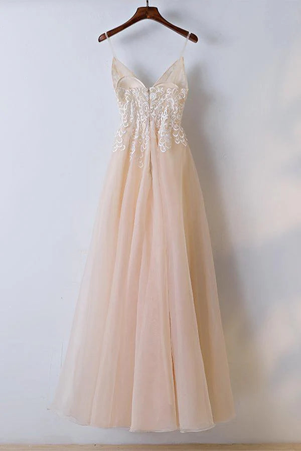 Spaghetti Straps V Neck Lace Tulle Long Prom Dress