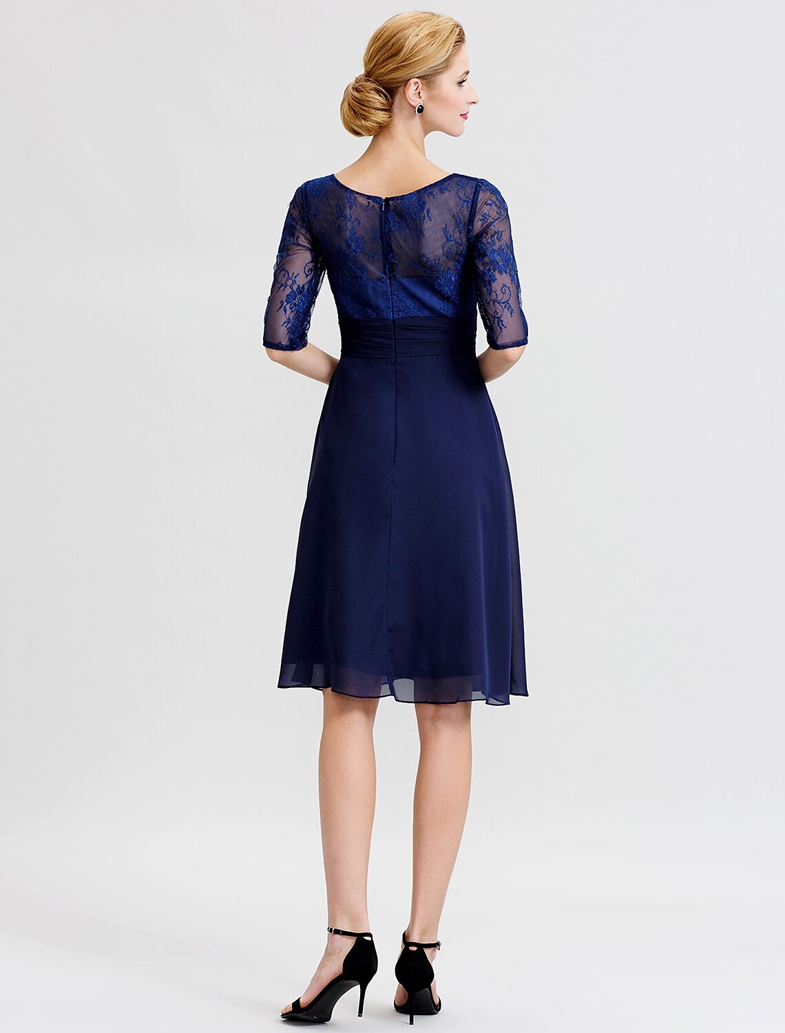 A-Line / Two Piece Jewel Neck Knee Length Chiffon / Corded Lace Mother of the Bride Dress with Sash / Ribbon