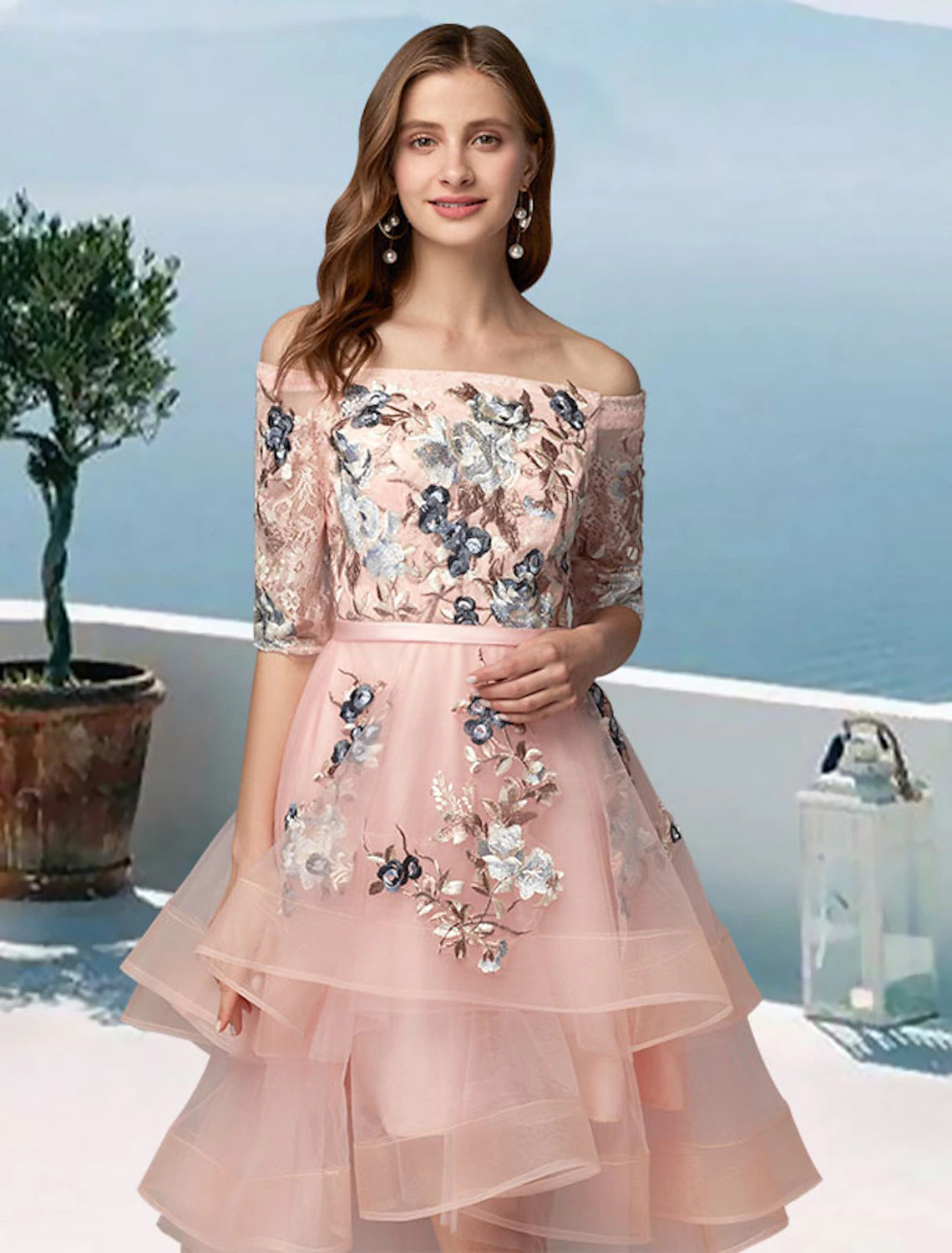 A-Line Prom Dresses Floral Dress Evening Party Wedding Party Asymmetrical Half Sleeve Off Shoulder Satin with Embroidery Applique